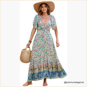 Maxi Dress V-Neck Floral Print Short Sleeve Elastic Waist A-Line Summer